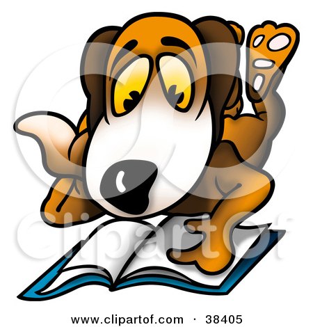 Clipart Illustration of a Dog Resting On His Belly And Reading A Book by dero