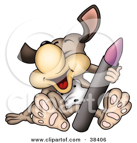 Clipart Illustration of a Giggling Dog Leaning Back And Holding A Purple Crayon by dero