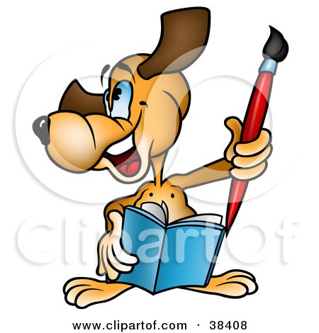 Clipart Illustration of a Dog Smiling, Holding A Book And A Paintbrush by dero