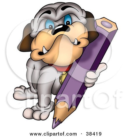 Clipart Illustration of a Bulldog Coloring With A Purple Colored Pencil by dero