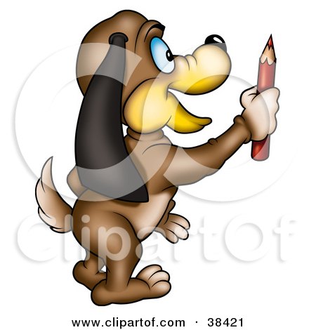 Clipart Illustration of a Dog With Long Ears, Standing And Holding A Red Colored Pencil by dero
