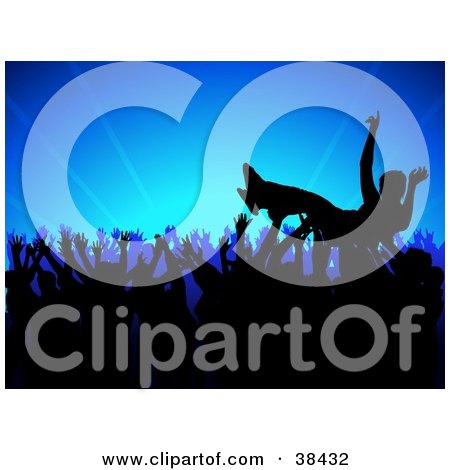 Clipart Illustration of a Silhouetted Crowd Surfer Being Passed By Hands At A Concert, Over A Blue Bursting Background by dero