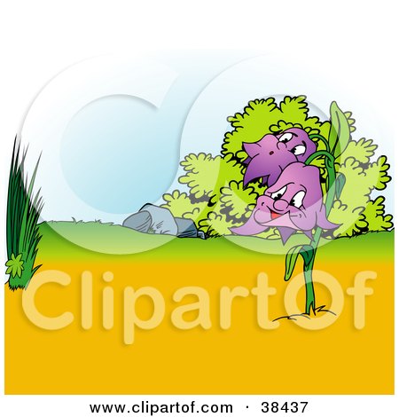 Clipart Illustration of a Nature Background Of Purple Bell Flowers By Grasses And Bushes by dero