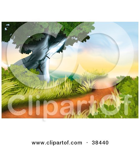Clipart Illustration of a Red Dirt Path Winding Past A Large Tree And Tall Grasses by dero