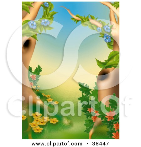 Clipart Illustration of Flowering Vines With Blue, Yellow And Red Flowers, Climbing Two Trees In A Chinese Forest by dero