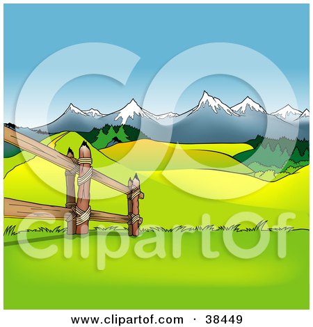 Clipart Illustration of a Wooden Fence Along A Green Pasture With Hills And Snow Capped Mountains by dero