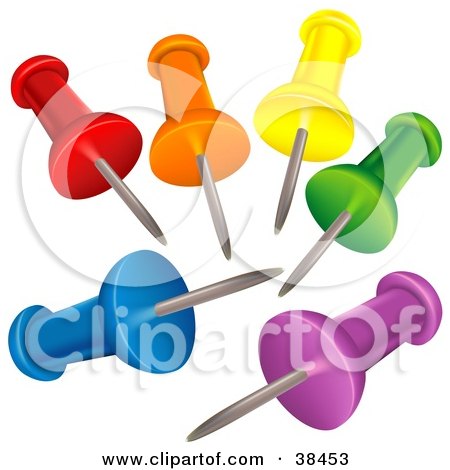 Clipart Illustration of a Group Of Colorful Push Pins With Their Points In The Center by dero