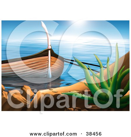 Clipart Illustration of a Fishing Boat Tied To A Rock Near A Green Coastal Plant by dero