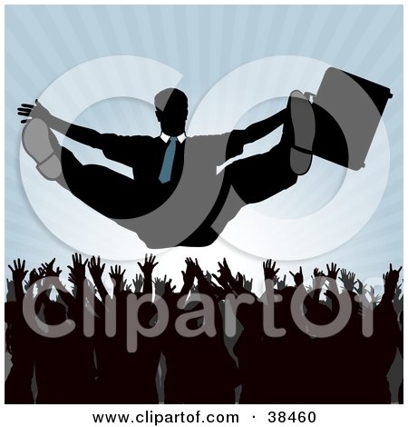Clipart Illustration of a Silhouetted Corporate Businessman Holding Onto His Briefcase While Being Tossed Into The Air By Employees by dero