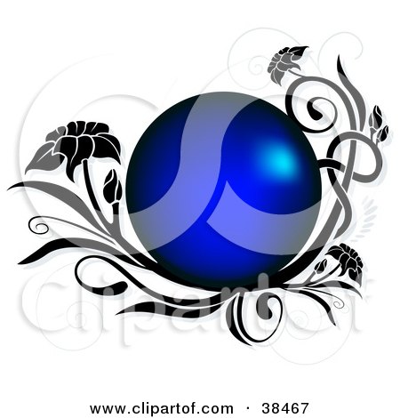 Clipart Illustration of a Shiny Blue Circle Text Box Circled In Black With Vines And Flowers, On A White Background With Faded Vines by dero