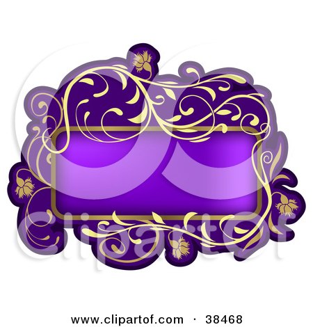 Clipart Illustration of a Gradient Purple Text Box Framed In Golden Curly Vines And Flowers by dero