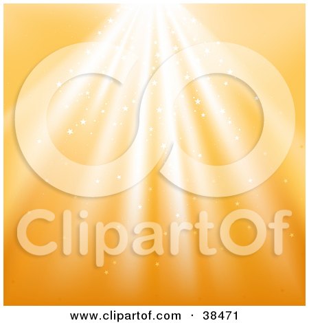 Clipart Illustration of a Bright Light Shining Down Over An Orange Background With Sparkling Stars by dero