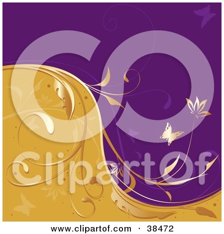 Clipart Illustration of a Golden Vine Dividing Waves Of Purple And Orange With Butterflies And Flowers by dero