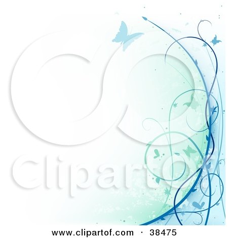 Clipart Illustration of an Off White Background Bordered With Green And Blue Vines And Silhouetted Butterflies On The Right Edge by dero