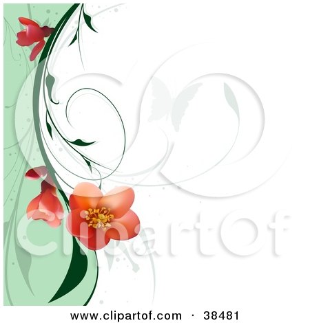 Clipart Illustration of a Butterfly Silhouette On A White Background With A Flowering Plant Bordering A Wave Of Green by dero