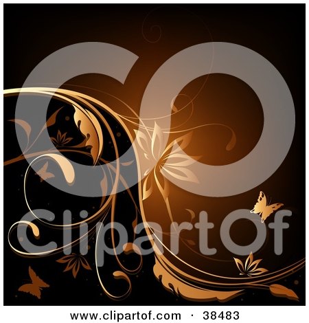 Clipart Illustration of a Background Of Brown And Black With Butterflies, Flowers And Vines by dero