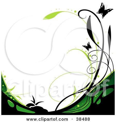 Clipart Illustration of a Black And Green Vine Curving Along The Bottom Of A White Background With Black Butterflies by dero