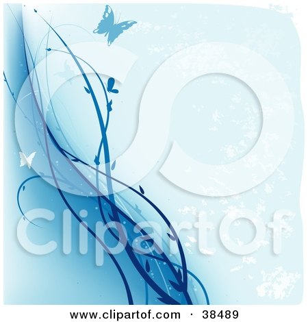 Clipart Illustration of Blue And White Butterflies By A Blue Vine On A Light And Dark Blue Background With White Grunge by dero
