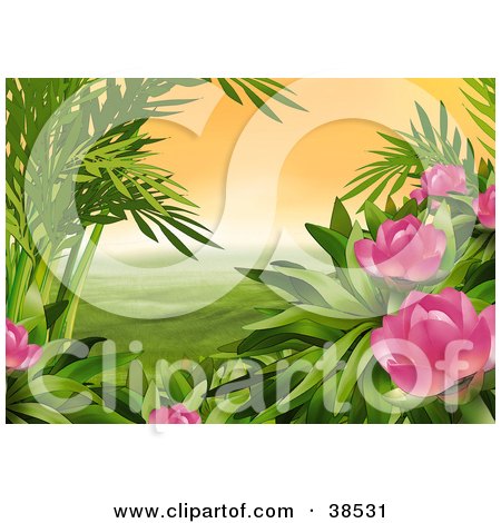 Clipart Illustration of Pink Flowers Blooming Near Palms by dero