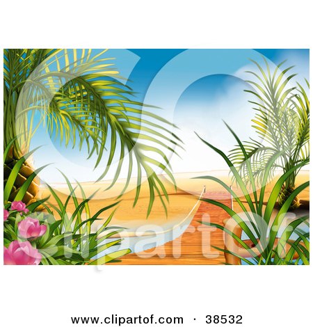 Clipart Illustration of a Wooden Path Spanning Over A Stream On A Beach, Surrounded By Flowers And Palms by dero
