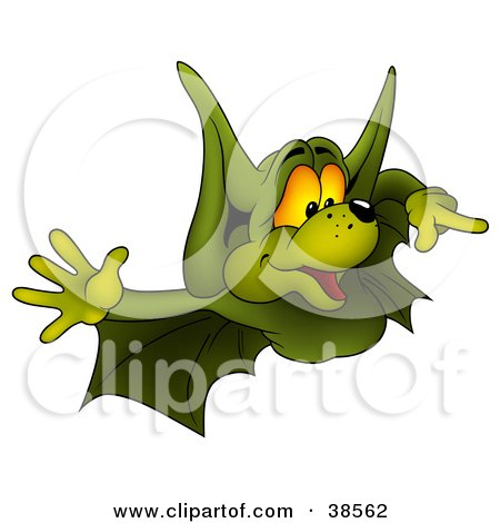 Clipart Illustration of a Flying Green Bat Pointing Right by dero