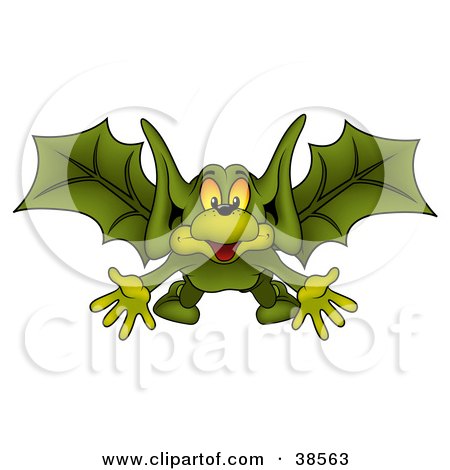 Clipart Illustration of a Happy Green Bat Flying Forwards With His Arms Out by dero