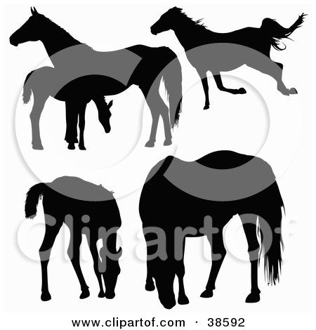 Clipart Illustration of Silhouetted Horses And Foals Running, Standing And Grazing by dero