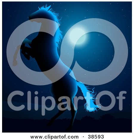 Clipart Illustration of a Wild White Horse Silhouetted In Blue Moon Light, Rearing Up In The Night by dero