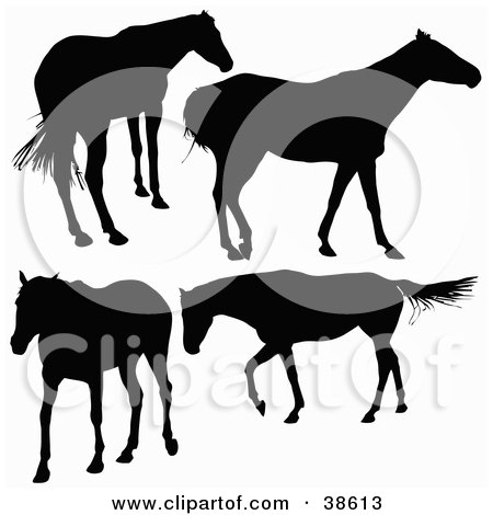 Clipart Illustration of Four Silhouetted Horses Standing And Walking by dero
