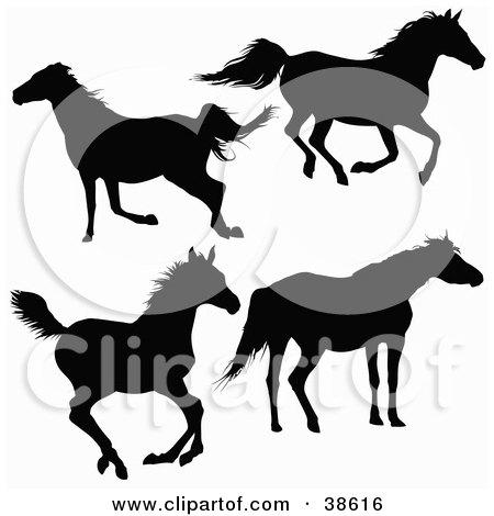 Clipart Illustration of Silhouetted Horses Running and Trotting by dero