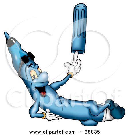Clipart Illustration of a Cool Blue Marker Spinning His Cap On His Finger by dero