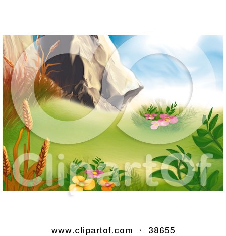 Clipart Illustration of Orange Grasses And Pink Flowers And Plants Growing In A Mountain Meadow by dero