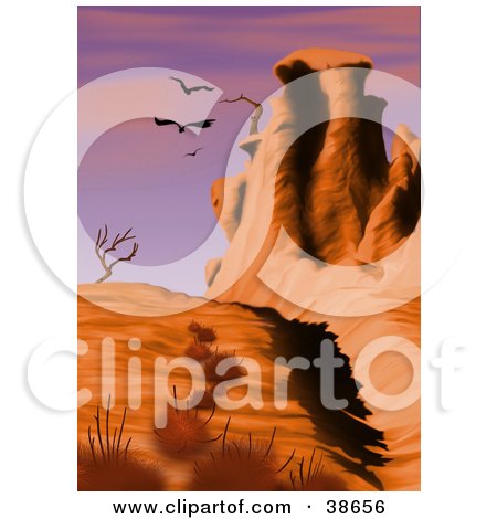Clipart Illustration of Vultures Flying Over Rock Formations And Dead Trees In A Desert Landscape by dero
