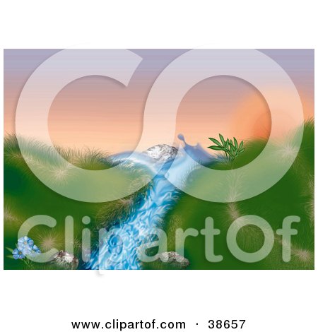 Clipart Illustration of a Rushing Blue Stream Flowing Down A Grassy Hillside At Sunrise by dero