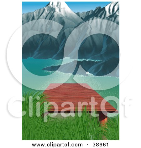 Clipart Illustration of a Wooden Dock Over A Mountain Lake, With Steep Cliffs In The Background by dero