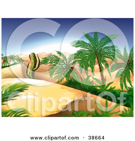Clipart Illustration of a Cactus And Palm Trees In A Desert Oasis by dero