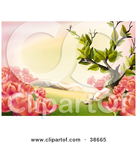 Clipart Illustration of Beautiful Pink Spring Flowers And Grass In A Meadow by dero