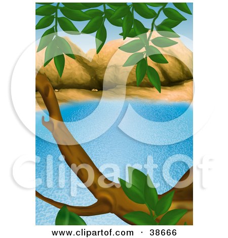 Clipart Illustration of a Tree Branch And Leaves Framing The Scene Of A Blue Lake by dero