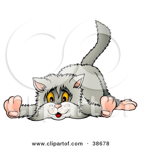Clipart Illustration of a Clumsy Long Haired Gray Cat Laying On Its Belly by dero