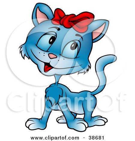 Clipart Illustration of a Cute Blue Cat Wearing A Red Ribbon On Her Head by dero