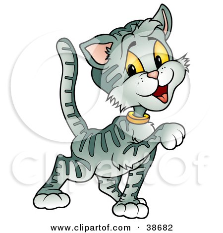 Clipart Illustration of a Gray Striped Cat Strutting With One Paw Lifted by dero