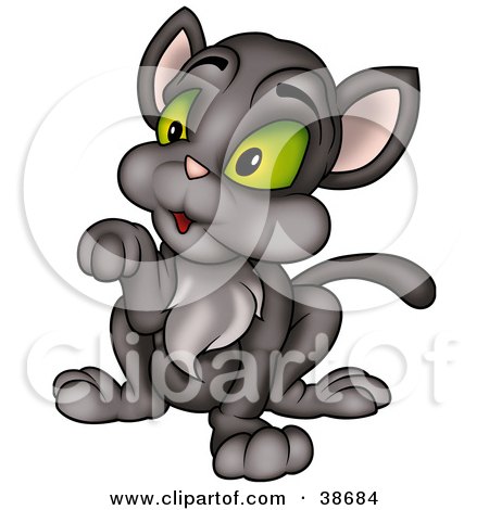 Clipart Illustration of a Dark Gray Cat With Green Eyes, Sitting And Holding Up A Paw by dero