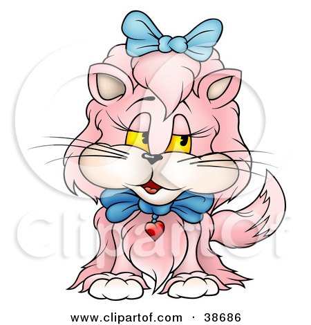 Clipart Illustration of a Pink Long Haired Cat Wearing Blue Bows by dero