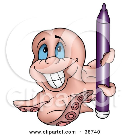 Clipart Illustration of a Grinning Pink Octopus Holding A Purple Marker by dero