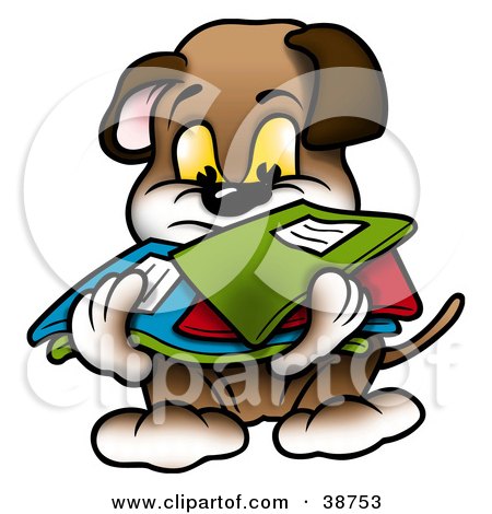 Clipart Illustration of a Brown Dog Carrying A Messy Stack Of Folders by dero