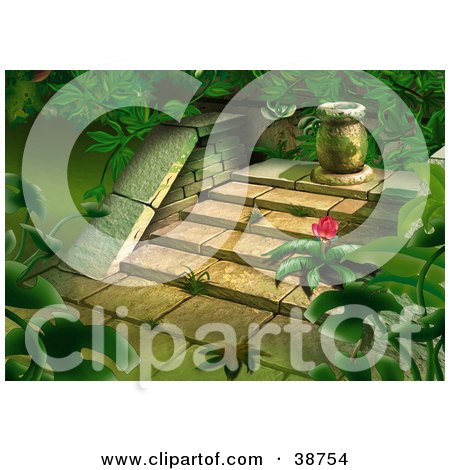 Clipart Illustration of Lush Green Jungle Plants Growing Around Steps Of Old Ruins by dero