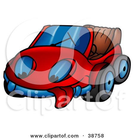 Clipart Illustration of a Tired Red Convertible Car Hanging Its Tongue Out by dero