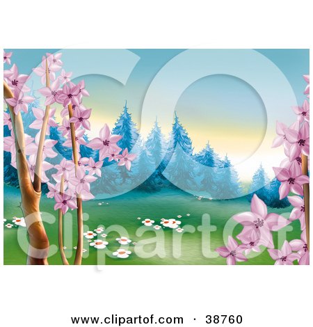 Clipart Illustration of Pink Spring Tree Blossoms And White Flowers In Grass, Framing A Meadow At The Edge Of A Forest Scene by dero