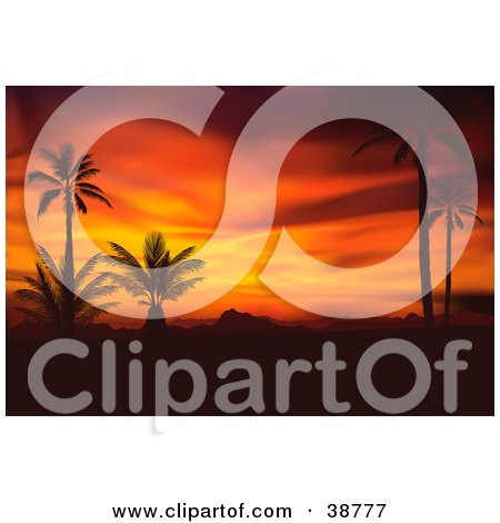 Clipart Illustration of a Scene Of Black Silhouetted Palm Trees Against A Fiery Orange And Red Tropical Sunset by dero