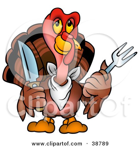 Clipart Illustration of a Brown Thanksgiving Turkey Bird Wearing A Bib And Holding A Fork And Knife by dero